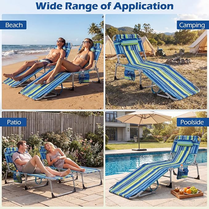 GYMAX Tanning Chair with Face Hole, Sun Bathing Lounge Chairs for Outside with Side Pocket, Folding Portable Face Down Layout Tanning Chair Beach, Backyard, Poolside, Lawn (Blue Stripe,1)