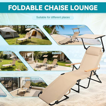 Beach Lounge Chair with Sun Shade, Folding Outdoor Chaise Lounge Chair with Arms, 4-Position Backrest, Extended Sun Tanning Chair Pillow & Cup Holder, Patio Lounger for Outside for Beach(Beige-U)