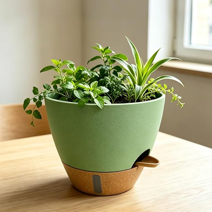 12"/10"/9"/8" Self Watering Pots with Visual Water Window,Extra Large Self Watering Plant Pots with Drainage Holes & Saucers,Green Planters for Indoor Plants,4-Pack
