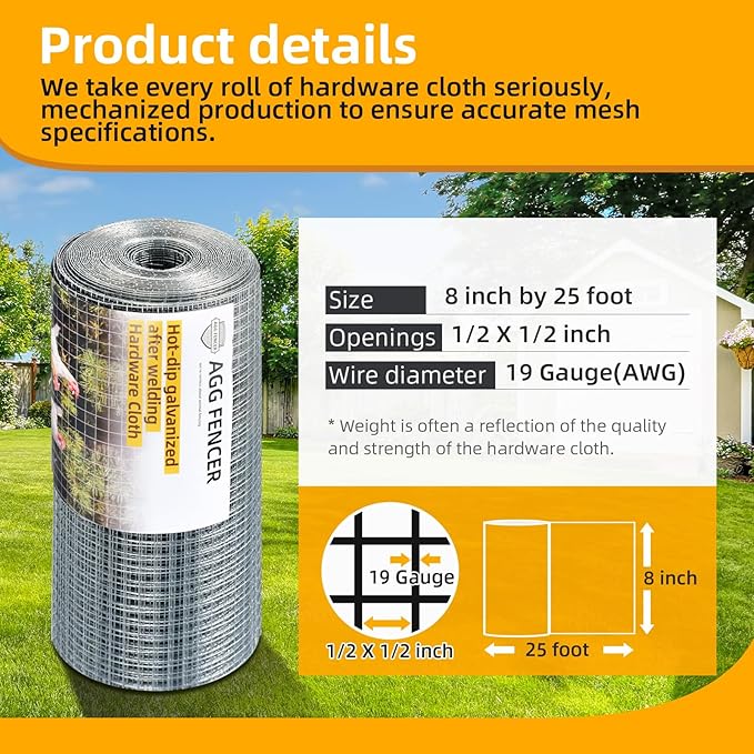8inch x 25ft Hardware Cloth 1/2 inch Chicken Wire Fencing 19Ga, Hot Dipped Galvanized After Welding Garden Plant Supports Welded Metal Chicken Wire Fence, Poultry Animal Netting Cage Screen