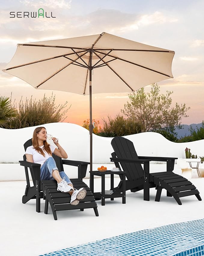 SERWALL Folding Adirondack Chairs Patio Chairs Lawn Chair Outdoor Weather Resistant for Patio Garden, Backyard Deck, Fire Pit - Black