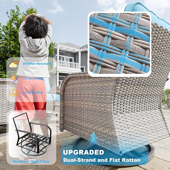 12-Piece Small Patio Furniture Set, Outdoor Swivel Rocking Chairs Set with 55,000 BTU Fire Pit Table Wicker Chairs and Ottomans, Patio Bistro Set for Balcony, Deck, Porch, Lake Blue