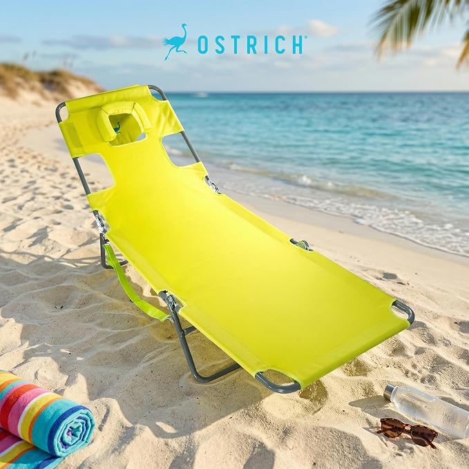 Ostrich the Original Chaise 72 x 22 Inch Lounge Portable Reclining Lounger, Outdoor Patio, Beach, Lawn, Camping, or Pool Tanning Chair, Lime Green