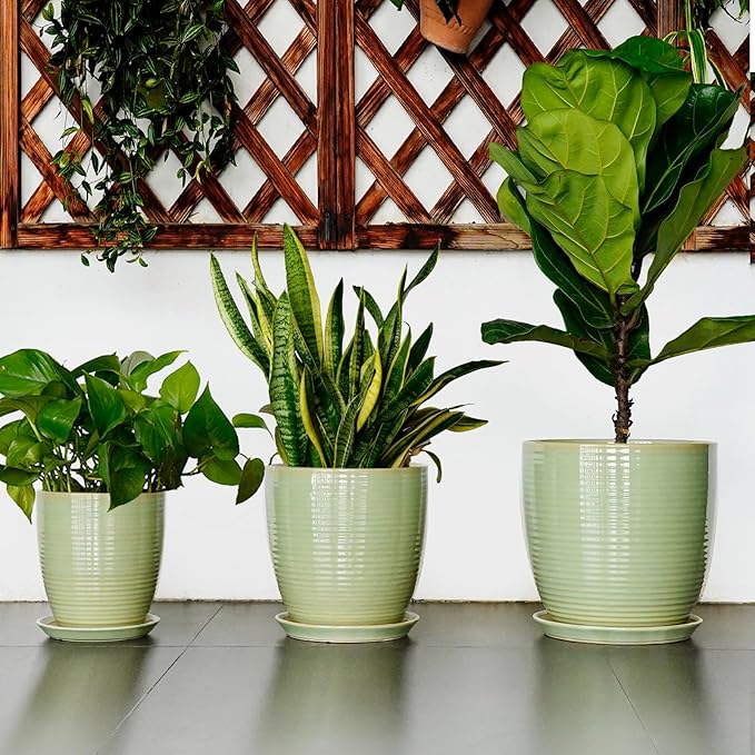 Ceramic Pots for Plants - Modern Round 8 Inch Planter with Drainage Hole and Plant Saucer for Flower Indoor Outdoor, Home Decor, House Warming Gifts, Green