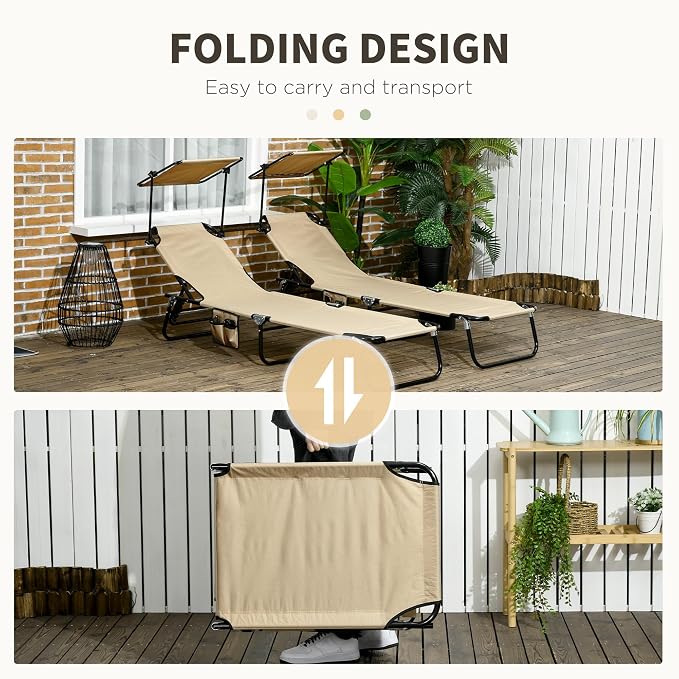Outsunny Folding Chaise Lounge Pool Lounge Chairs Set of 2, Outdoor Sun Tanning Chairs with Canopy Shade, Reclining Back, Steel Frame and Side Pocket for Beach, Yard, Patio, Tan