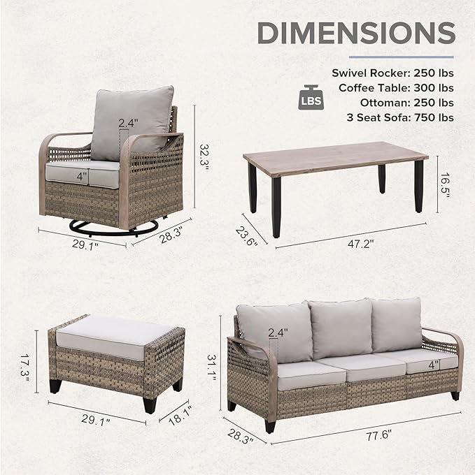 COOS BAY Modern Wicker Outdoor Furniture Set, Patio Conversation Set with Swivel Rockers, 3 Seat Couch, Ottomans, and Coffee Table, 6 Piece, Brown/Gray