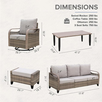 COOS BAY Modern Wicker Outdoor Furniture Set, Patio Conversation Set with Swivel Rockers, 3 Seat Couch, Ottomans, and Coffee Table, 6 Piece, Brown/Gray