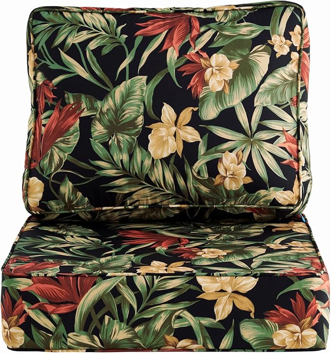 ARTPLAN 24x24 Deep Seat Patio Cushions for Outdoor Furniture,Extra 6 inch Thick,Back 18"x24",Removable,Replacement,Polyester Floral Pattern,Outdoor/Indoor,Black Flowers
