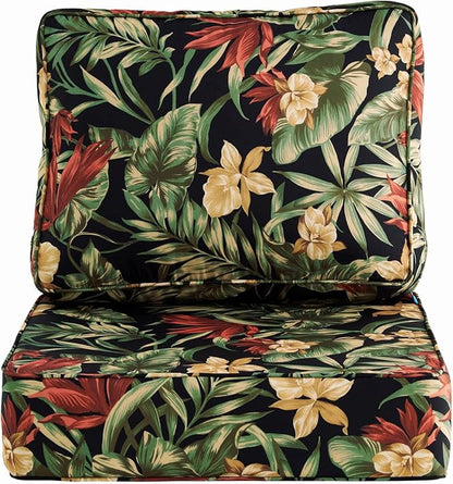 ARTPLAN 24x24 Deep Seat Patio Cushions for Outdoor Furniture,Extra 6 inch Thick,Back 18"x24",Removable,Replacement,Polyester Floral Pattern,Outdoor/Indoor,Black Flowers