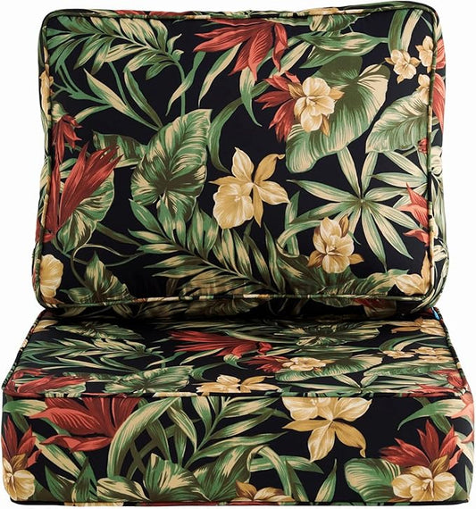 ARTPLAN 24x24 Deep Seat Patio Cushions for Outdoor Furniture,Extra 6 inch Thick,Back 18"x24",Removable,Replacement,Polyester Floral Pattern,Outdoor/Indoor,Black Flowers