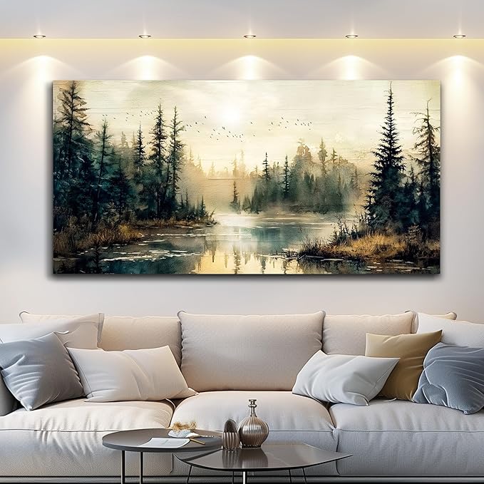 FUHAIHUA Large Wall Decor For Living Room Canvas Wall Art For Office Farmhouse Wall Decorations For Bedroom Forest River Landscape Paintings Modern Pictures Artwork Room Home Decor 24x48 In