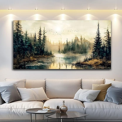 FUHAIHUA Large Wall Decor For Living Room Canvas Wall Art For Office Farmhouse Wall Decorations For Bedroom Forest River Landscape Paintings Modern Pictures Artwork Room Home Decor 24x48 In