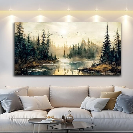 FUHAIHUA Large Wall Decor For Living Room Canvas Wall Art For Office Farmhouse Wall Decorations For Bedroom Forest River Landscape Paintings Modern Pictures Artwork Room Home Decor 24x48 In