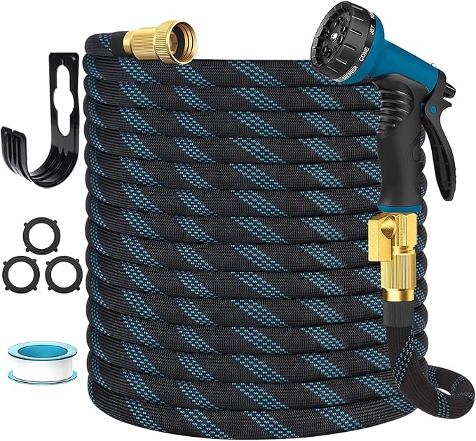 Garden Hose Non-Expandable 50 ft, Lightweight Flexible Water Hose with 10 Function Spray Nozzle, Outdoor Leak Proof, Kink-Free, Portable Hose for Yard, Lawn, Camper, High-Density Fabric, Black Blue
