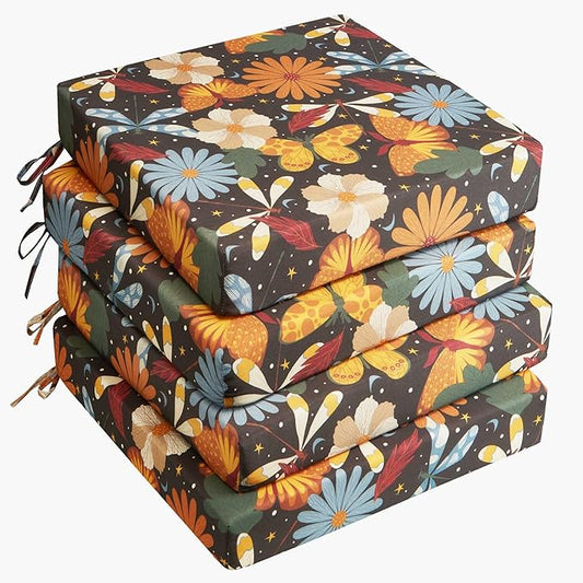 UNIKOME Outdoor Chair Cushions Pack of 4, Water Resistant Patio Cushions with Ties, High Density Sponge Filling Square Corner Seat Cushions for Outdoor Furniture, 19"*19"*3", Flower