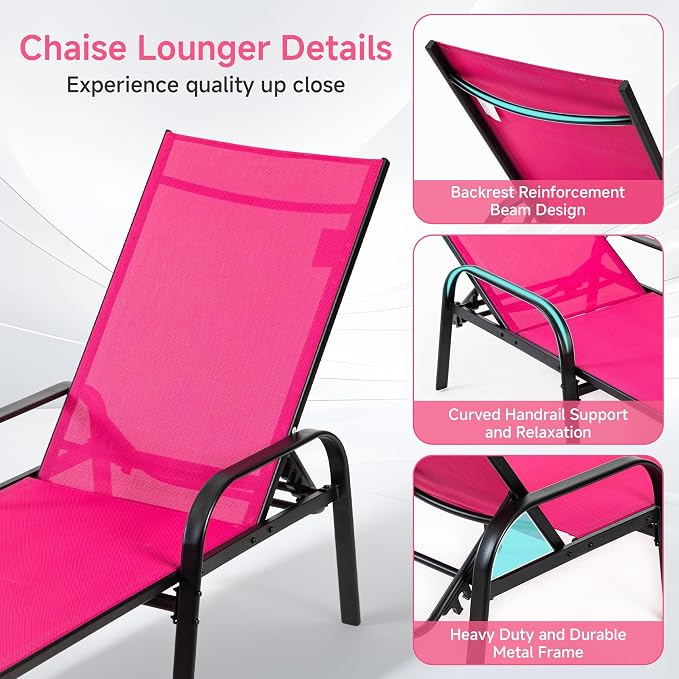 DUMOS Outdoor Lounge Chaise, 5-Position Chaise Lounge with Armrests, Sun Tanning Chair 350 lbs Heavy Duty Patio Pool Chair, Waterproof Sun Lounger for Deck, Backyard, Beach & Poolside, Pink