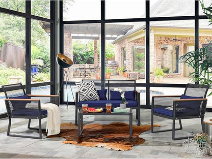 Patiorama 4 Piece Patio Furniture Set, Outdoor Wicker Bistro Set, All-Weather Black PE Rattan Conversation Set w/Coffee Table, Loveseat, Wood-Like Armrest, Cushions for Garden Balcony Deck, Navy Blue