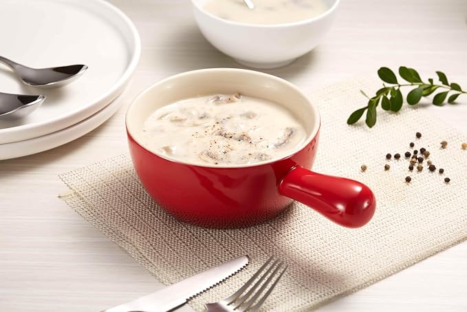 Kook French Onion Soup Crocks, Stackable Ceramic Bowls with Handles, Oven, Microwave and Dishwasher Safe, for Cereal, Soups, Casseroles, with Handle, Stoneware, 24 oz, Set of 4, Crimson Ombre