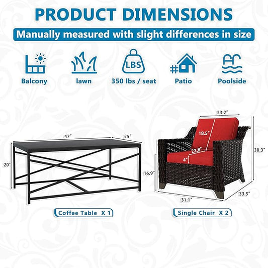 Vista Vibe 5 Pieces Outdoor Rattan Patio Conversation Furniture Set - 4 Wicker Chairs | Steel Coffee Table, Premium & Washable Cushions, Living Room, Poolside (Brown/Red)