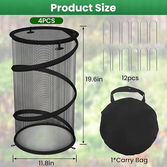 4 Pack Pop up Plant Guard Covers Tent from Animals Black, 19.6" x 11.8" Foldable Plant Protectors Mesh Net, Garden Plant Enclosure Protection Cage with Stakes & Carry Bag for Outdoor Plants