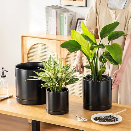 vancasso Ceramic Planters, Plant Pots for Indoor Plants, 6.25+8.25+10.25 Inch Ceramic Pots for Plants, Flower Pots with Drainage Holes (Black, 6.25+8.25+10.25 Inch)