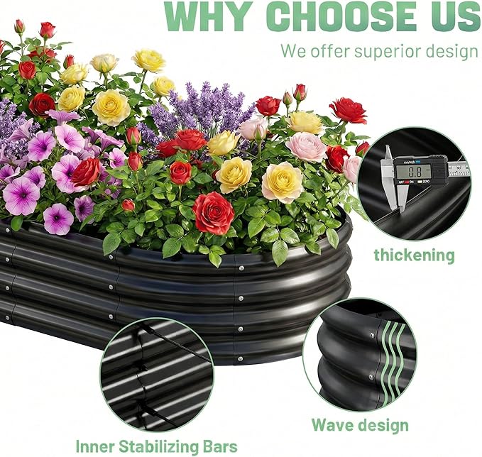 AHEONLAR 3 Pack 6×3×1ft Galvanized Raised Garden Bed, Oval Durable Planter Boxes Outdoor for Vegetables, Fruits, Flowers and Plants, Quick Assembly, Black