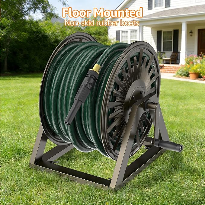 GOFORWILD Heavy-Duty Decorative Garden Hose Reel - Wall/Floor Mount with 200-Ft Capacity for 5/8 Hose Outdoor Hose Holder Winder for Lawn, Yard & Garden Storage