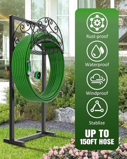 Breeze Touch Garden Hose Holder Freestanding with Storage Basket, 4-Spike Stable Water Hose Holder for Outside, Heavy Duty Metal Hose Stand Holds 150FT Hose, Easy Install Hose Organizer for Yard Lawn