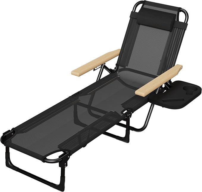 Foldable Chaise Lounge Chair Outdoor, Tanning Chair with 4-Position Reclining Back, Folding Sun Lounger, Outdoor Lounge Chair for Beach, Poolside, Backyard, Camping, UPF 50+, 300 LBS