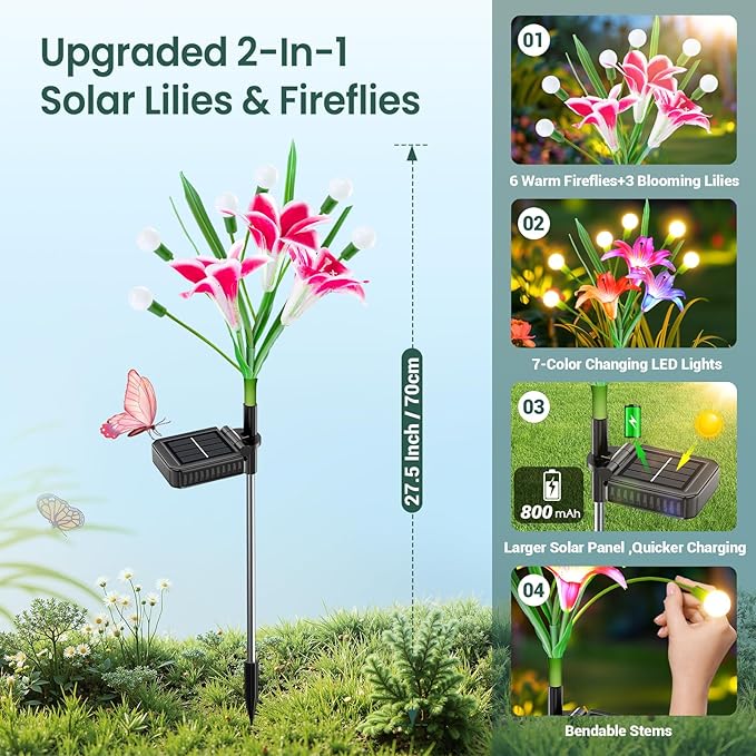 WdtPro Upgraded Solar Lights Outdoor Garden Decor: 4 Pack Solar Firefly Swaying Light with Color Changing LED Lily, Waterproof Decorative Flowers for Yard Patio Pathway Lawn, Gardening Gifts for Women