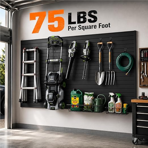 SMARTSTANDARD Slatwall Panel 4x8 FT, Garden Wall Organizer with 31 Garden Tool Hooks & Baskets,Heavy Duty PVC Slat Wall Panels for Gardening, Easy to Install & DIY Cutting (Black)