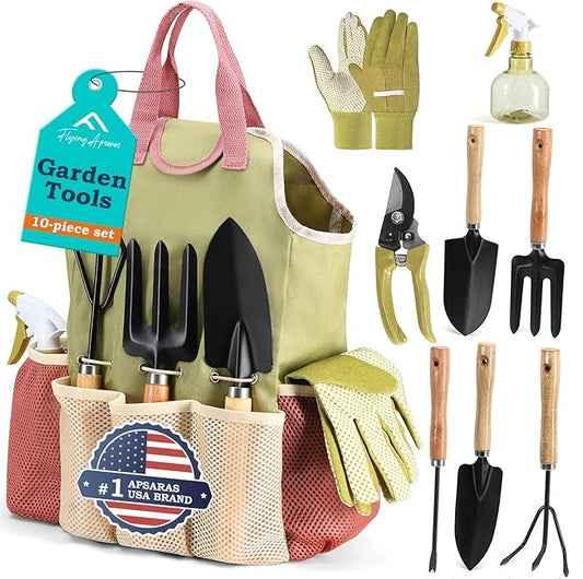 APSARAS USA Gardening Tools, Garden Tool Set, 10 Pieces Heavy Duty Sturdy Steel Gardening Tool Set with 600D Oxford Cloth Storage Tote Bag, Durable Supplies Kit Perfect Garden Gifts for Father