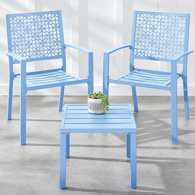 Best Choice Products 3-Piece Outdoor Bistro Set, Stackable Modern Steel Furniture for Porch, Garden w/ 2 Chairs, Table, Geometric Decor - Sky Blue