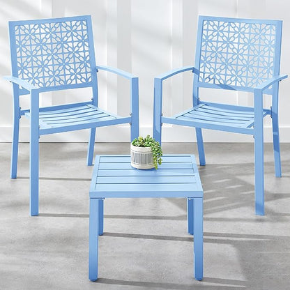 Best Choice Products 3-Piece Outdoor Bistro Set, Stackable Modern Steel Furniture for Porch, Garden w/ 2 Chairs, Table, Geometric Decor - Sky Blue