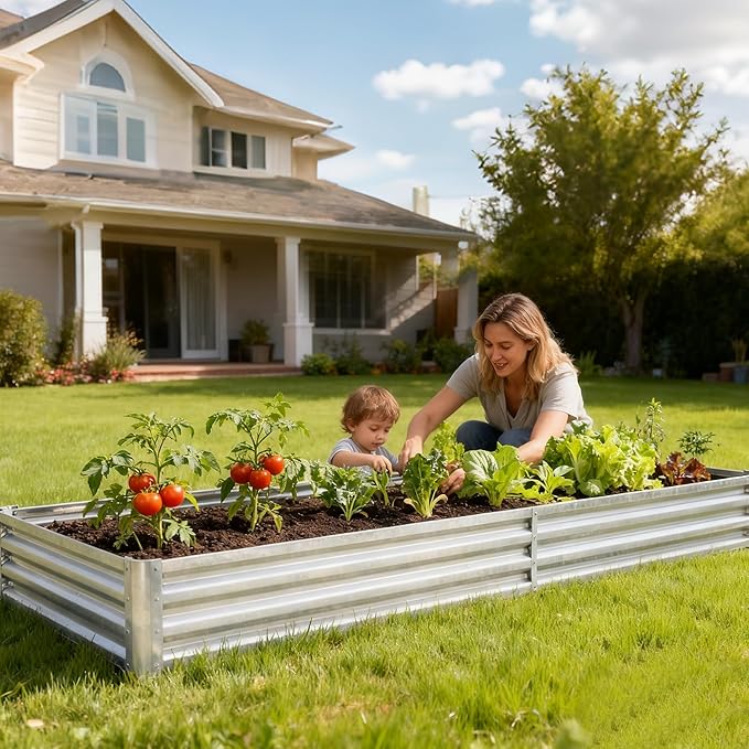 NEWBULIG 8x4x1ft Galvanized Raised Garden Bed with Greenhouse Cover, Outdoor Metal Planters Box for Planting Vegetables, Flowers & Herbs, Easy Assembly, Clear