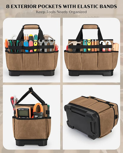 Marscamd Waxed Canvas Tool Bag with Hard Bottom and 8 Pockets, Large Tool Tote with Shoulder Strap for Tools & Gardening, Khaki