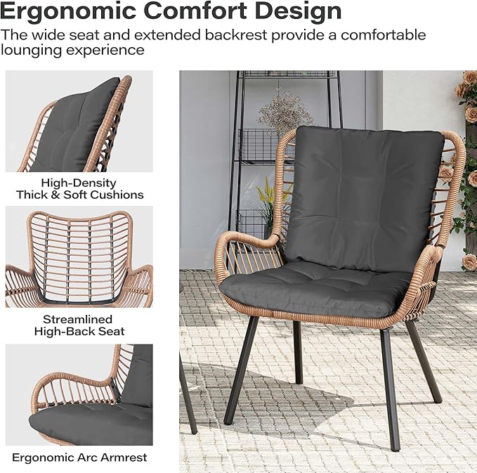 LAUSAINT HOME 3 Piece Outdoor Bistro Set, Small Patio Furniture Set with Coffee Table and Thick Cushions, Front Porch Furniture for Lawn, Garden, Balcony, Poolside, Black