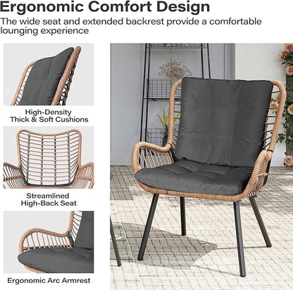 LAUSAINT HOME 3 Piece Outdoor Bistro Set, Small Patio Furniture Set with Coffee Table and Thick Cushions, Front Porch Furniture for Lawn, Garden, Balcony, Poolside, Black
