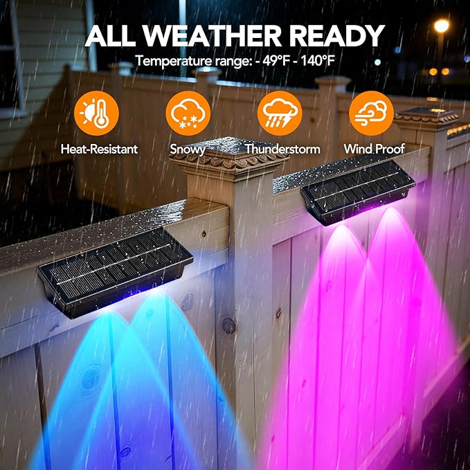 Solar Fence Lights Outdoor 8Pack, Warm White & RGB 6 Color and Glass Panel, Waterproof High Brightness Solar LED Spot Lens Deck Lights for Outside Stairs, Porch Step, Railing, Backyard, Patio