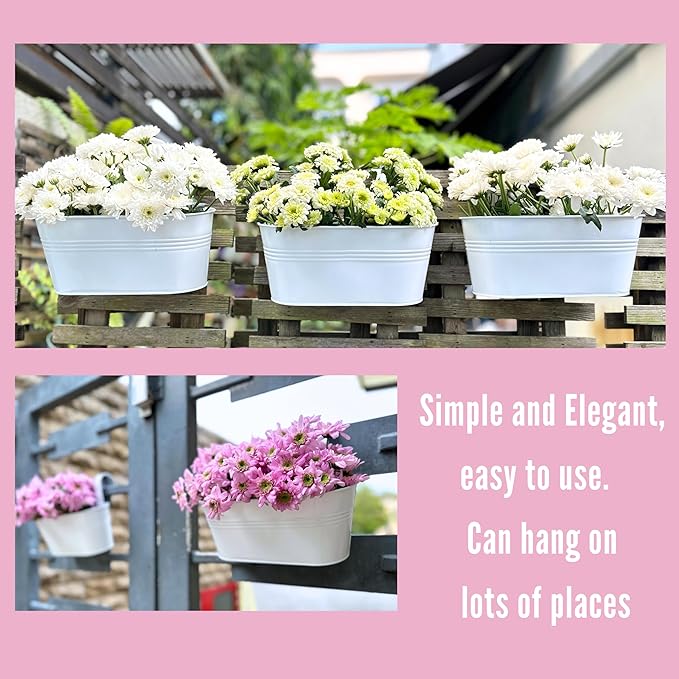 LaLaGreen Outdoor Plants Rail Planter (11.2 Inch, 15 Pack) White Metal Iron Hanging Flower Pots Deck Railings Fence Balcony Modern Boho Style Wall Mount Window Box Plant Holder Hooks Porch Home Decor