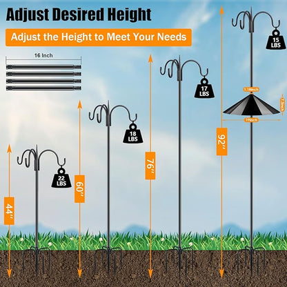 FEED GARDEN Heavy Duty Shepherds Hook Squirrel-Proof Bird Feeder Pole 92" Triple Hooks 5-Prong Base & 19" Baffle for Outdoor Feeders & Plants