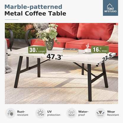 MFSTUDIO 6 Pieces Metal Patio Furniture Sets, 2 Swivel Chairs, 3-Seat Loveseat Sofa, 2 Patio Chairs & 1 Marbling Coffee Table, All Weather 7 Seats Outdoor Conversation Set for Garden, Burgundy Red
