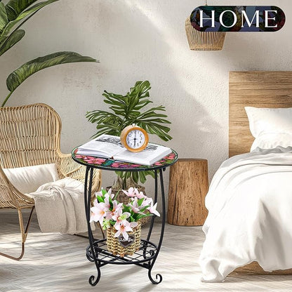 Cinnvoice Outdoor Side Table Round Small Mosaic Patio Accent Indoor End Plant Coffee Tea Table for Yard Patio Porch Garden Living Room, Bedroom(Hummingbird Style,18 Inch)
