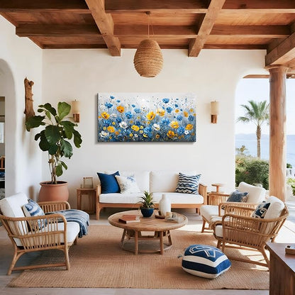 SERIMINO Extra Large Wall Art, Floral Wall Art, Nature Wall Decor, Boho Flower Market Prints, Blue Wildflowers Home Decorations, Aesthetic Pictures for Living Room Bedroom Dining Room Hallway 29"x57"