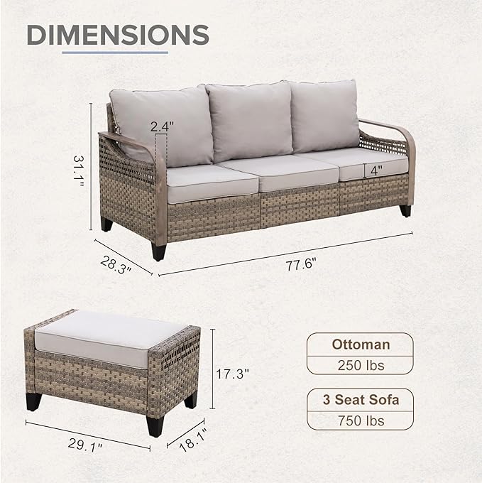 COOS BAY Modern Wicker Outdoor Furniture Set, Patio Conversation Set with 3 Seat Couch, and Ottomans, 3 Piece, Brown/Gray