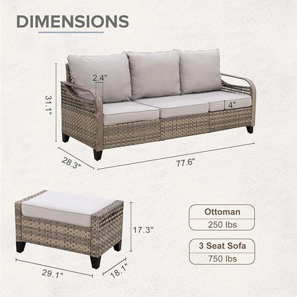 COOS BAY Modern Wicker Outdoor Furniture Set, Patio Conversation Set with 3 Seat Couch, and Ottomans, 3 Piece, Brown/Gray