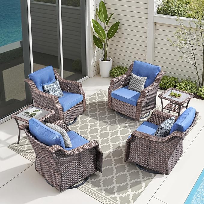 Outdoor Wicker Glider Rocker Set of 2, All Weather PE Rattan Swivel Rocking Chair with Side Table for Yard, Balcony, Deck, Porch (Blue, 6PC-Swivel Gliders & Side Table)