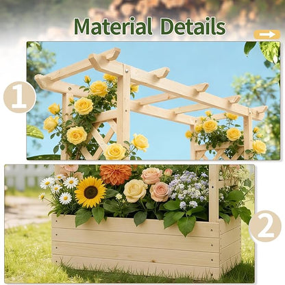 VINGLI Raised Garden Bed with Trellis & Hanging Roof, Wooden Garden Bed, Outdoor Planter Box for Yard, Garden, Balcony (Natural Wood Color, Medium)