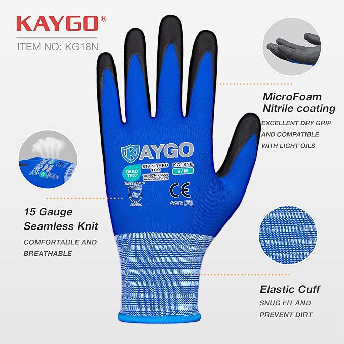 KAYGO Safety Work Gloves MicroFoam Nitrile Coated, 3 Pairs, KG18NB,Seamless Knit Nylon Glove with Black Micro-Foam Nitrile Grip,Ideal for General Purpose,Automotive,Home Improvement,Blue,M