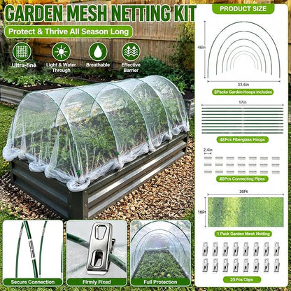 Garden Netting Kit for Raised Beds,10x33ft Ultra Fine Insect Netting Garden Bed Covers & 6 Sets of 8ft Fiberglass Garden Hoops (8 Sets Garden Hoops with Green10x33ft Garden Netting)